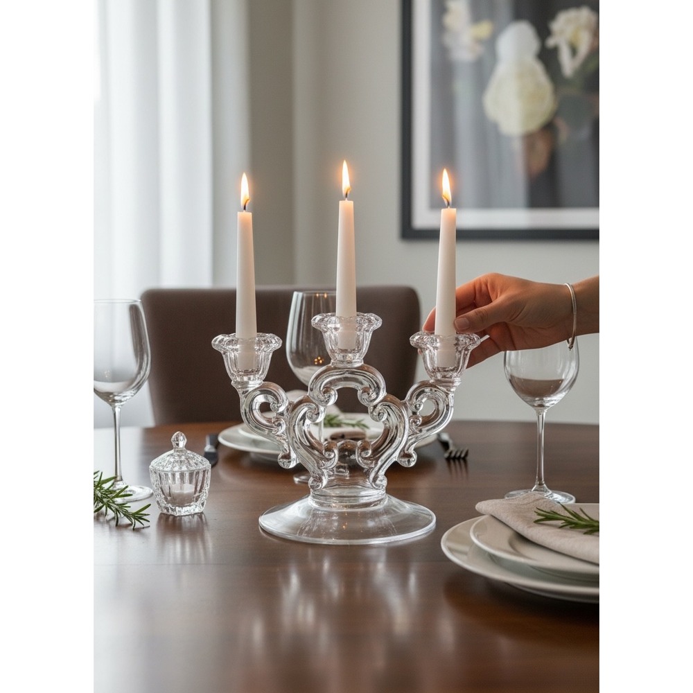 Glass Candelabra 3 Arm Candle Holder Clear Ornate Scroll Centerpiece Vintage